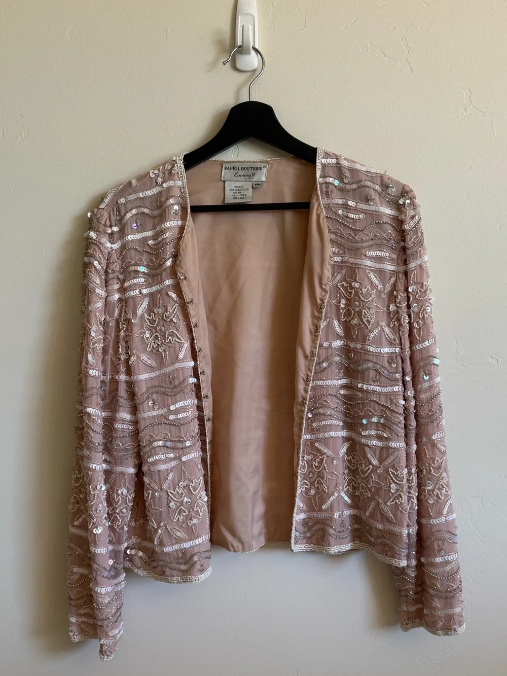 Papell Boutique Evening Beaded Sequin Blush Silk Jacket Size 10 Vintage